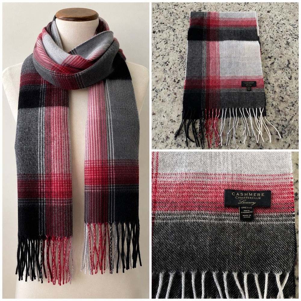 Charter Club Scarf Womens OS Red Black Plaid Luxury 100% Cashmere Fringe Winter